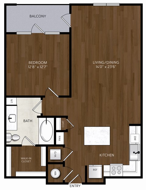 Floor plan for 1 bed, 1 bath, 864 sqft